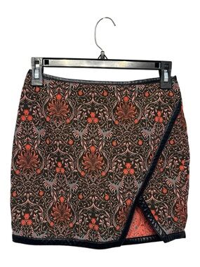 Express Faux Leather Black Trim Mini Skirt with Ornate Rust Floral Jacquard 00